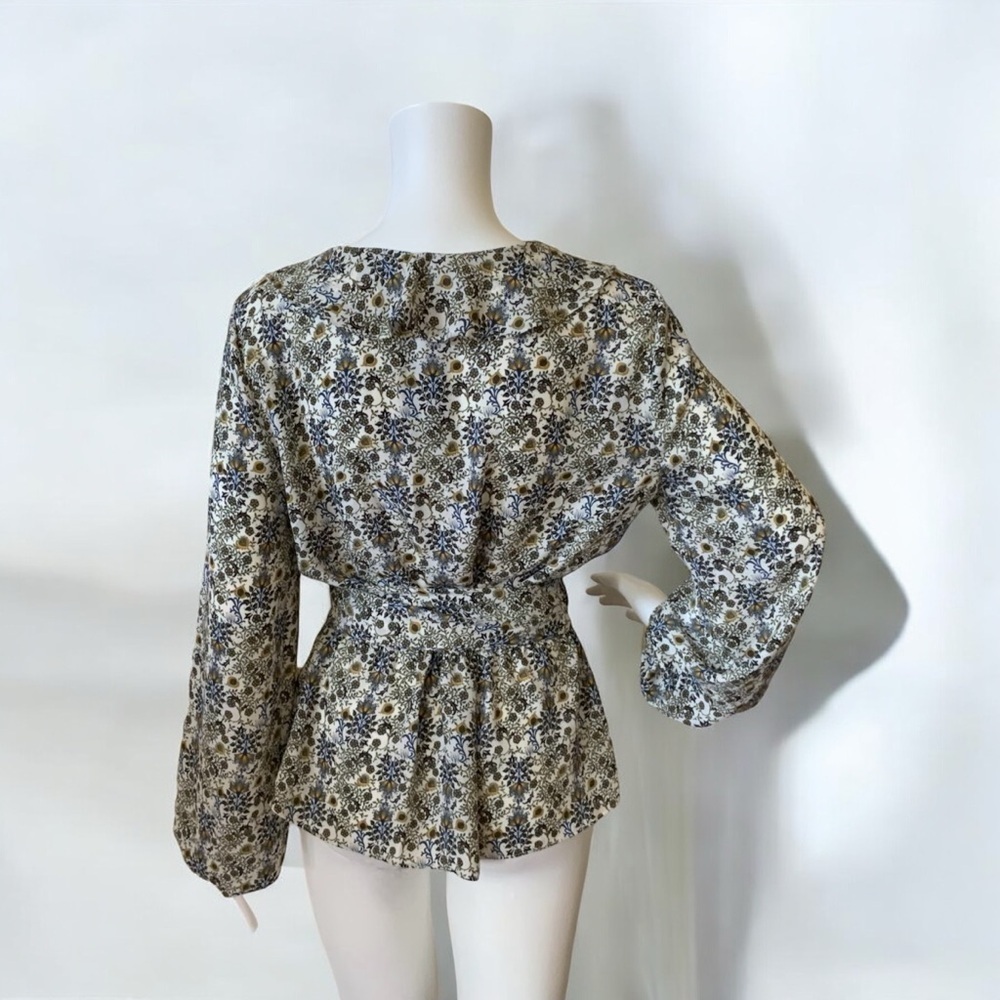 Max Edition Blue & Green Floral Ruffled Blouse With Tie - Picture 2 of 10